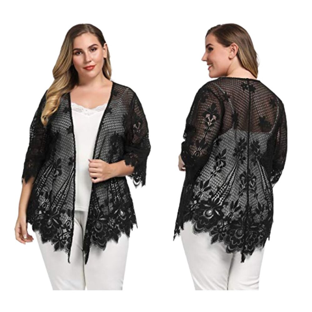 💙💖 Torrid Black Open Front Scalloped Lace Kimono Size 1/2 (14-18)